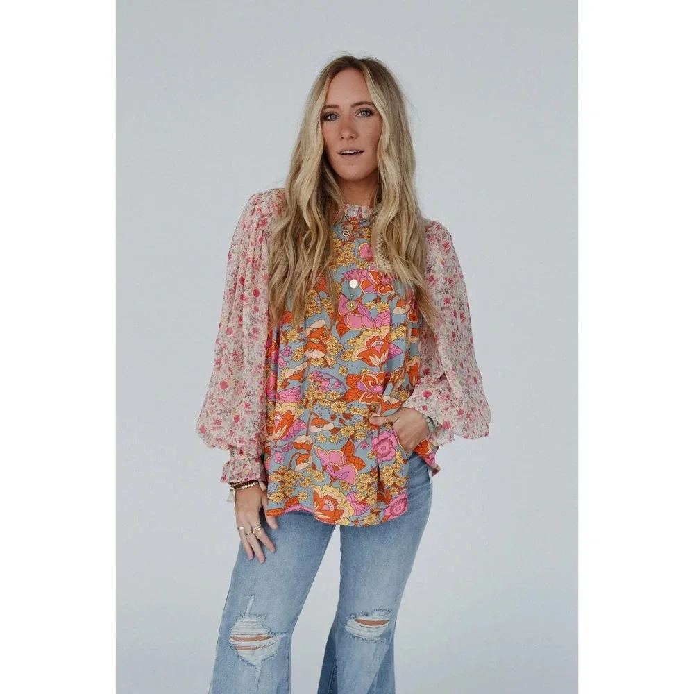 Jodifl Women Floral Patchwork Boho Babydoll Blouse Balloon Sleeve Blue Pink M
